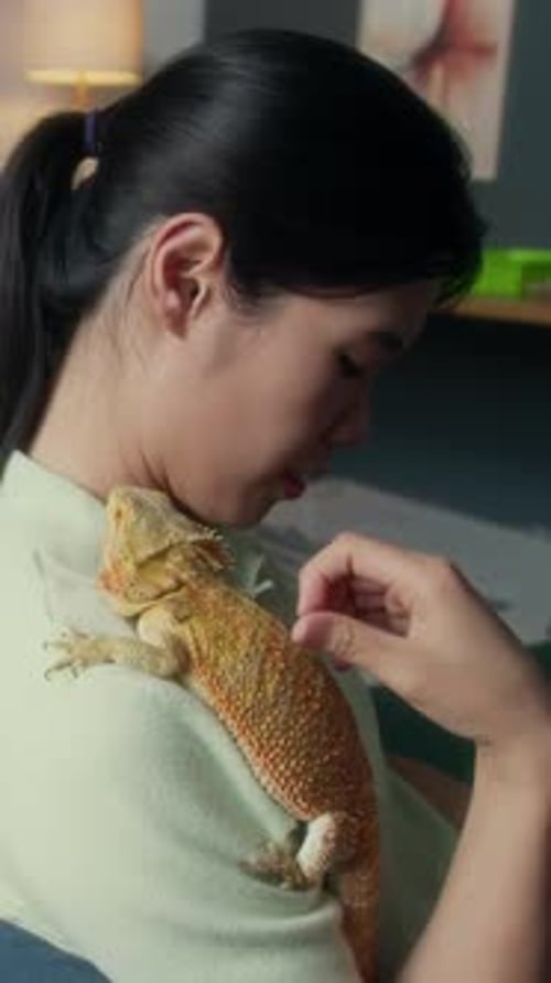 Femme chinoise parlant à un lézard exotique et le caressant