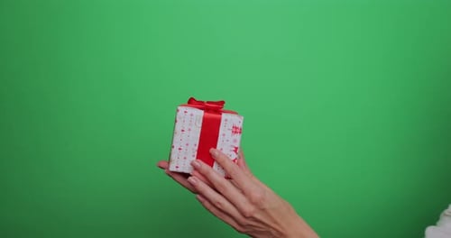 Close Up Woman Hand Holds a Gift Box in Her Palm Raise with Shaking and Lowers on the Background of