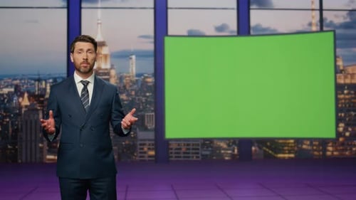 Professional Newsreader Talking Mockup Monitor Standing Stage Television Studio