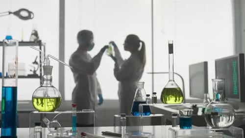 Modern Medical Research Laboratory Two Scientists Working Together Analyze a Plant Sample in an