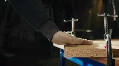 Craftsman Hands Polishing Wooden Table with Machine Man Carpenter Using Grind Drill Equipment Cut a