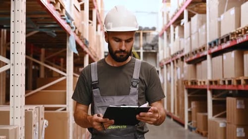 Quality control, with notepad. Foreman is in the storehouse, shipping distribution business.
