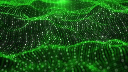 Glowing Green Particle Wave Moving On Black Background, Futuristic Loop Animation Of Green Particle