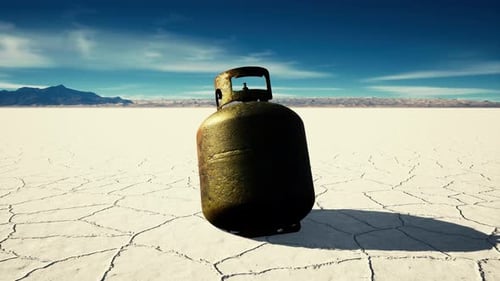Old Rusted Danger Gas Container on Salt Lake