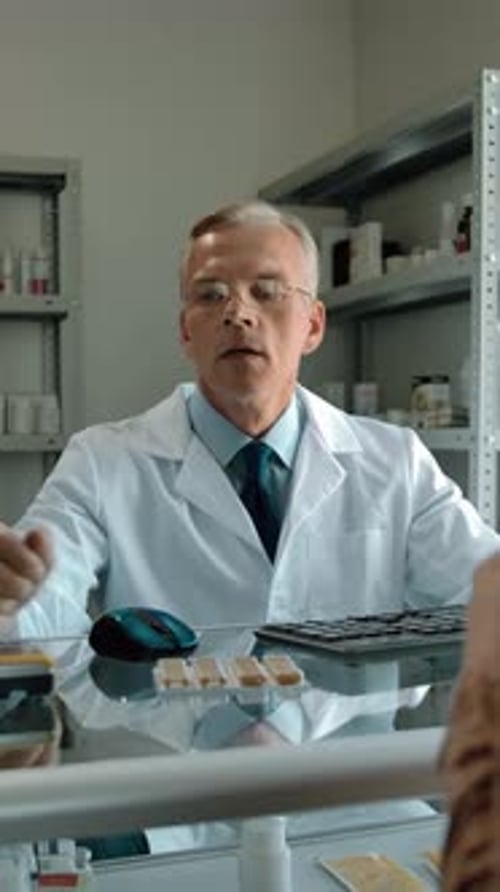 Vertical of Caucasian Woman is Buying Pills at the Pharmacy Paying with Credit Card