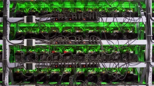 Cryptocurrency Mining Equipment on Large Farm ASIC Miners on Stand Racks Mine Bitcoin in Server Room