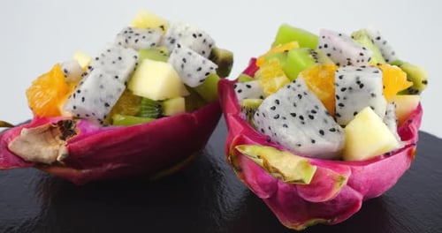 Exotic Fruit Salad in Dragonfruit Bowls