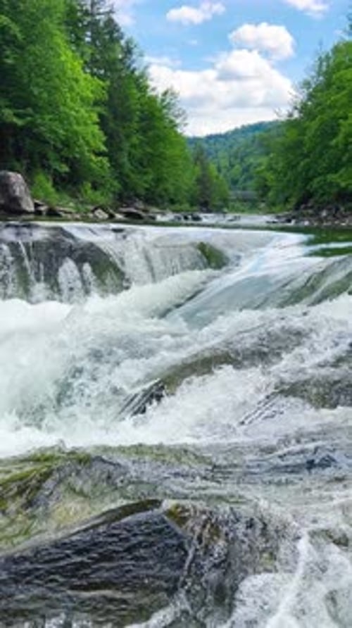 Stormy streams of water and waterfalls of a mountain river. Vertical video.