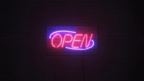 Shop or store open neon sign board on brick wall