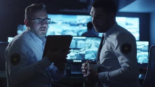 Men Analyzing Tablet in a Security Control Room