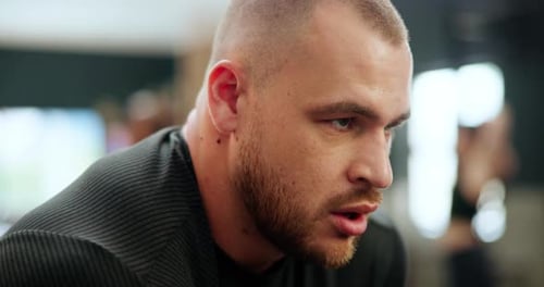 Man Working Out, Sweating at Gym Close Up