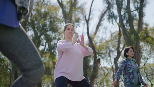 Woman Doing Goddess Pose on Group Yoga Class in the Park