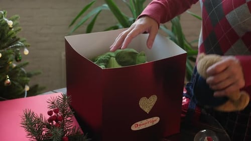 Adult Woman Fills Christmas Donation Box with Gifts