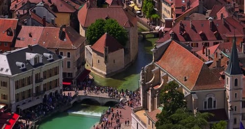 Aerial View Annecy France Medieval City Streets and Canals Top View