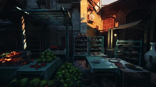 Sunset Illuminates Alley with Fruit Stands and Vintage Decor Elements
