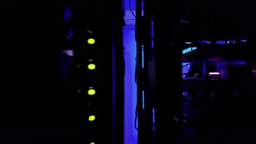 Close up of a rack-mounted server in data centre