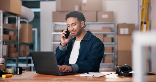 Laptop, phone call and supply chain with man in warehouse for delivery, distribution or shipping