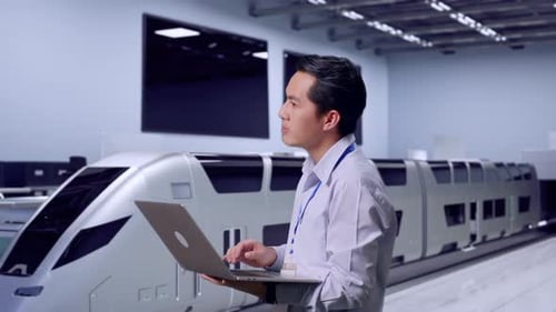 Engineer Working on Laptop in Front of Modern Train