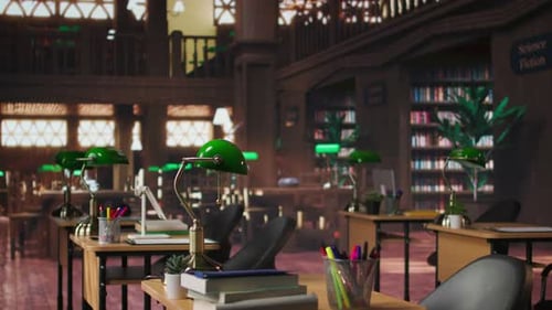 Peaceful Empty Library Featuring Wooden Shelves and Vintage Green Lamps