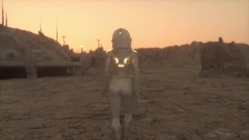 Astronaut in Spacesuit Walk Toward Research Station Colony or Scientific Base on Mars Space Mission