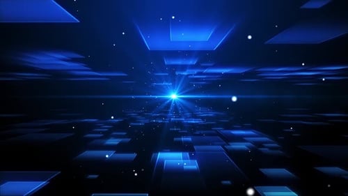 Futuristic Digital Grid Tunnel with Glowing Blue Lights