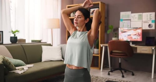 Fitness, woman and stretching arm for wellness, body health or training preparation in home office
