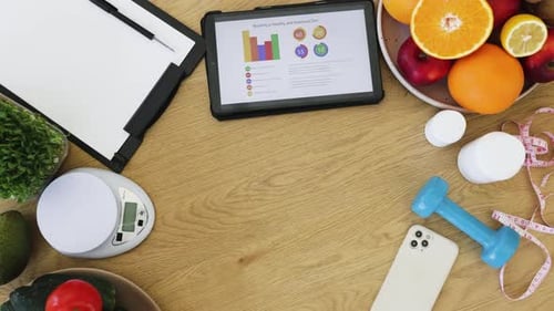 Healthy Diet and Exercise Still Life Overhead Shot
