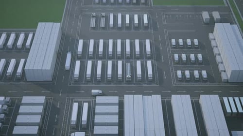 Overhead View of a Large Logistics and Distribution Center with Trucks