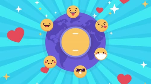 Animated Flat Design Emojis Rotating Around World Globe