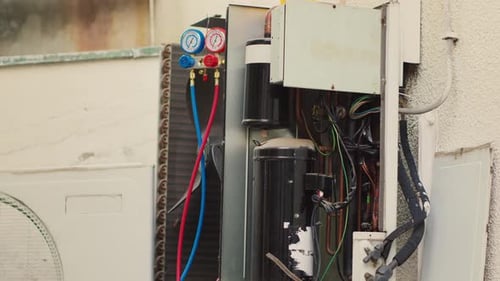 Close Up Of Air Conditioning Unit With Pressure Gauge