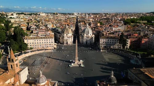 Spectacular Aerial Shot Above Rome's Piazza del Popolo. Historic City Centre