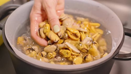 Slow Motion Hand Taking Mussels from Bowl of Water and Ice in Kitchen Close Up