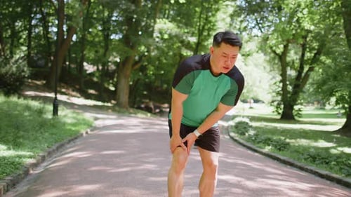 Japanese Runner Athlete Man with Muscle Pain in Park Trauma Injury While Jogging Leg Muscle Cramp