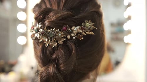 Braided Hairstyle with Antique Floral Hairpiece Close-Up