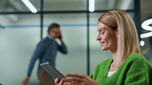 Smiling Woman Waving to Partner at Hall Portrait. Positive Boss Watching Tablet