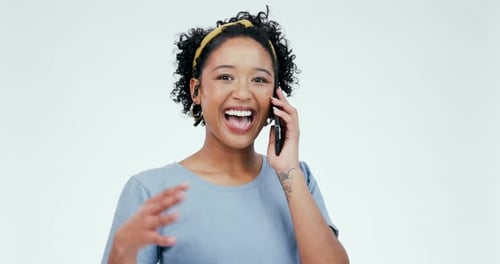 Hello, hands and woman face with phone call in studio for communication