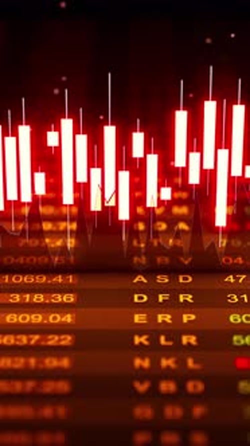 Seamless 3D loop of glowing red candlestick graphs in market decline.