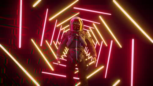 Astronaut in neon lit tunnel with red and yellow lights
