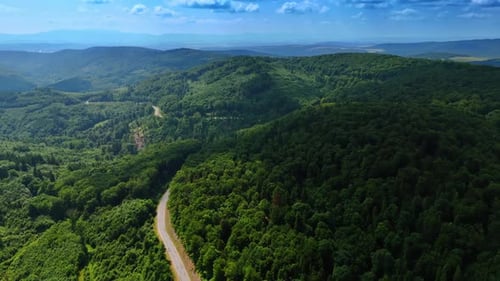 Aerial view of green mountain hills with forest roads.