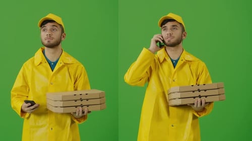 Persona de entrega de alimentos con pantalla verde que usa un teléfono inteligente para buscar la entrega