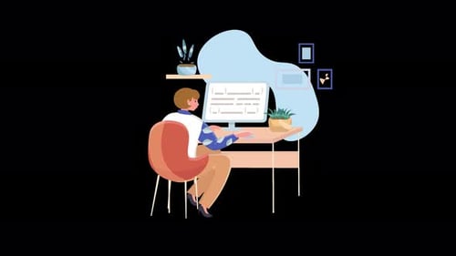 Animated Flat Design Illustration: Person Working on Computer at Desk