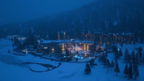 Winter Mountain Resort Hotel Illuminated at Blue Hour