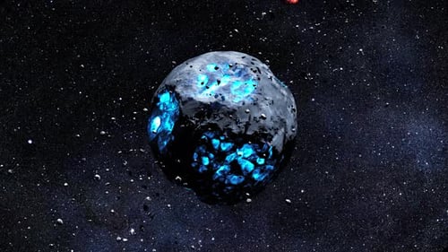 Sterbender blauer Alienplanet, der im Weltraum mit Asteroiden leuchtet