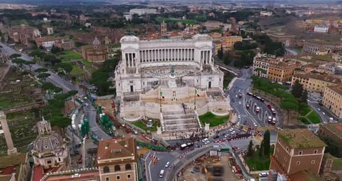 Aerial View of the National Monument to Victor Emmanuel II in City of Rome Establishing Shot of the