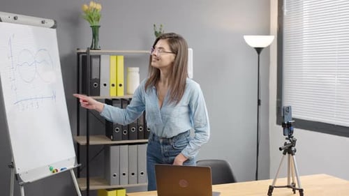 Female businesswoman coach leader give business presentation on phone online meeting