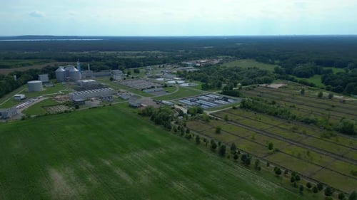 Wastewater treatment plant, drinking water. Great aerial view flight drone
