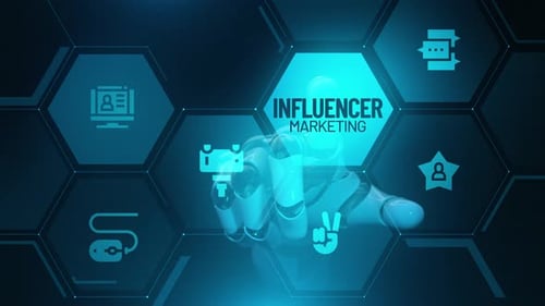 Futuristic Robotic Hand Interacts with Influencer Marketing Hologram