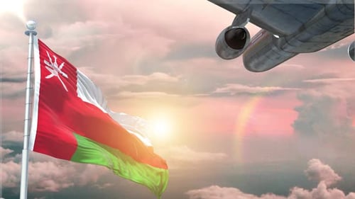 Oman Flag Waving Realistic With Sky Plane Takes Off At Sunrise