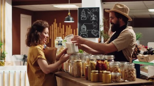 Grocery Shop Storekeeper Helps Client