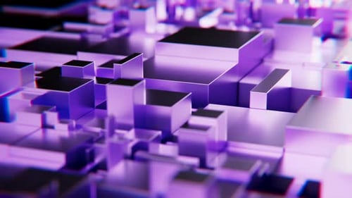 3D-Würfel in dynamischer Anordnung mit violetten Farben und nahtloser Bewegung über die Oberfläche